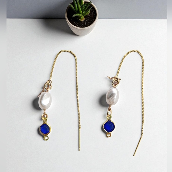 18K Gold Plated Threader Faux Pearl Gold Blue Faceted Zircon Dangle Ear… - Picture 1 of 3